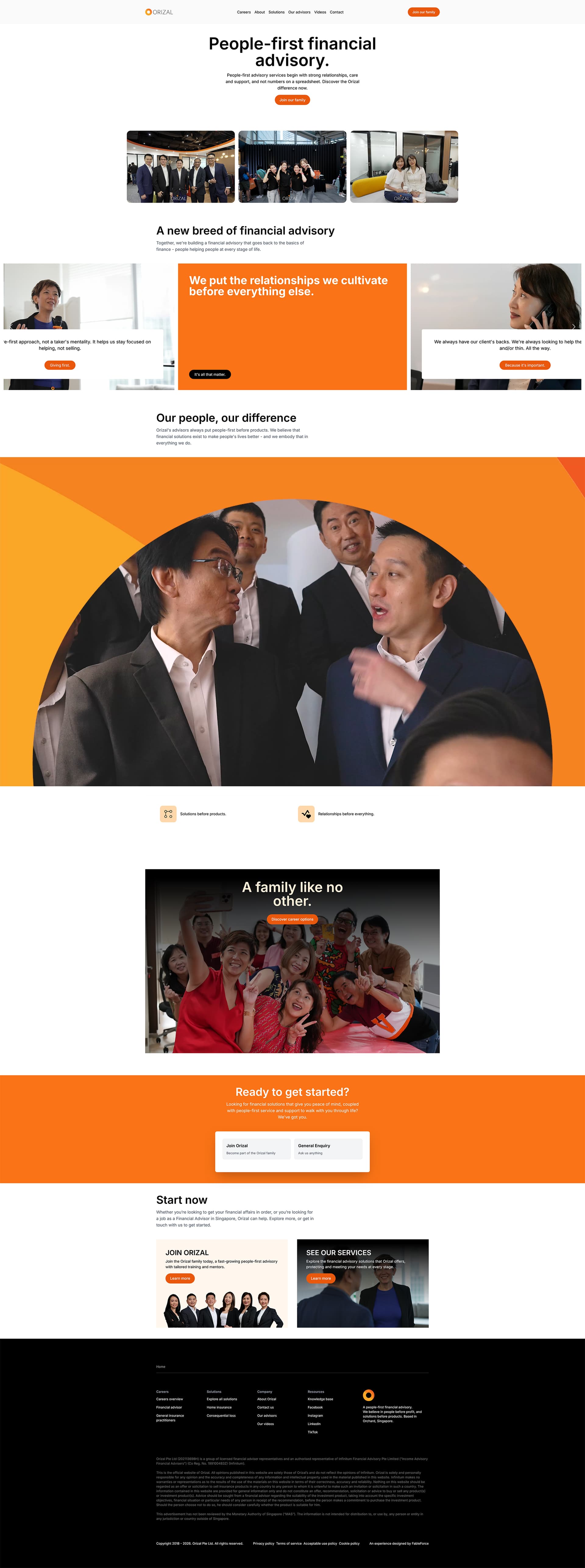 Orizal website with the headline People-first financial advisory, team photography and orange relationship-led panels