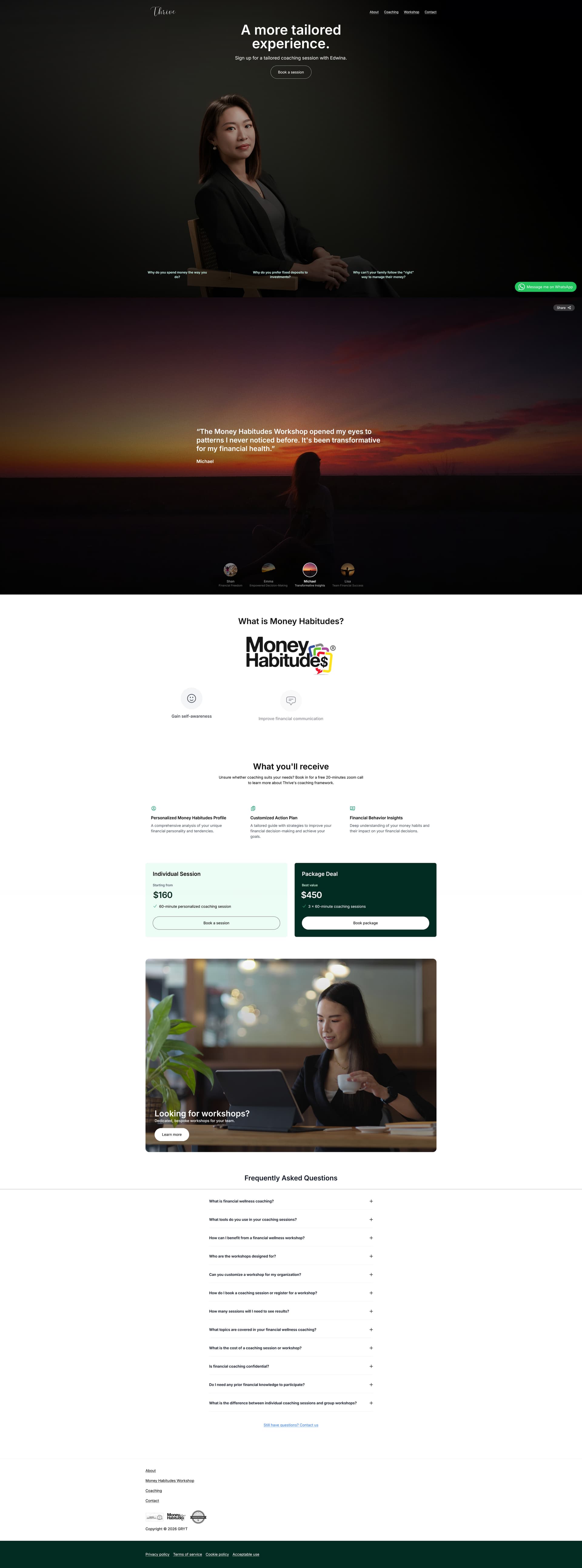 Thrive Wellness coaching page featuring Edwina's portrait and the words A more tailored experience