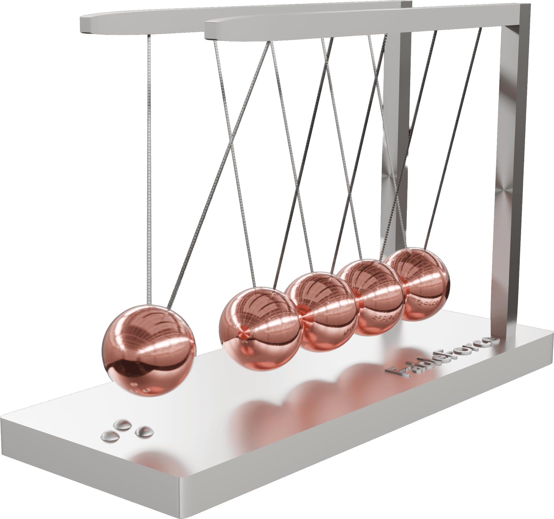 A rose-gold Newton's cradle with one ball swinging away