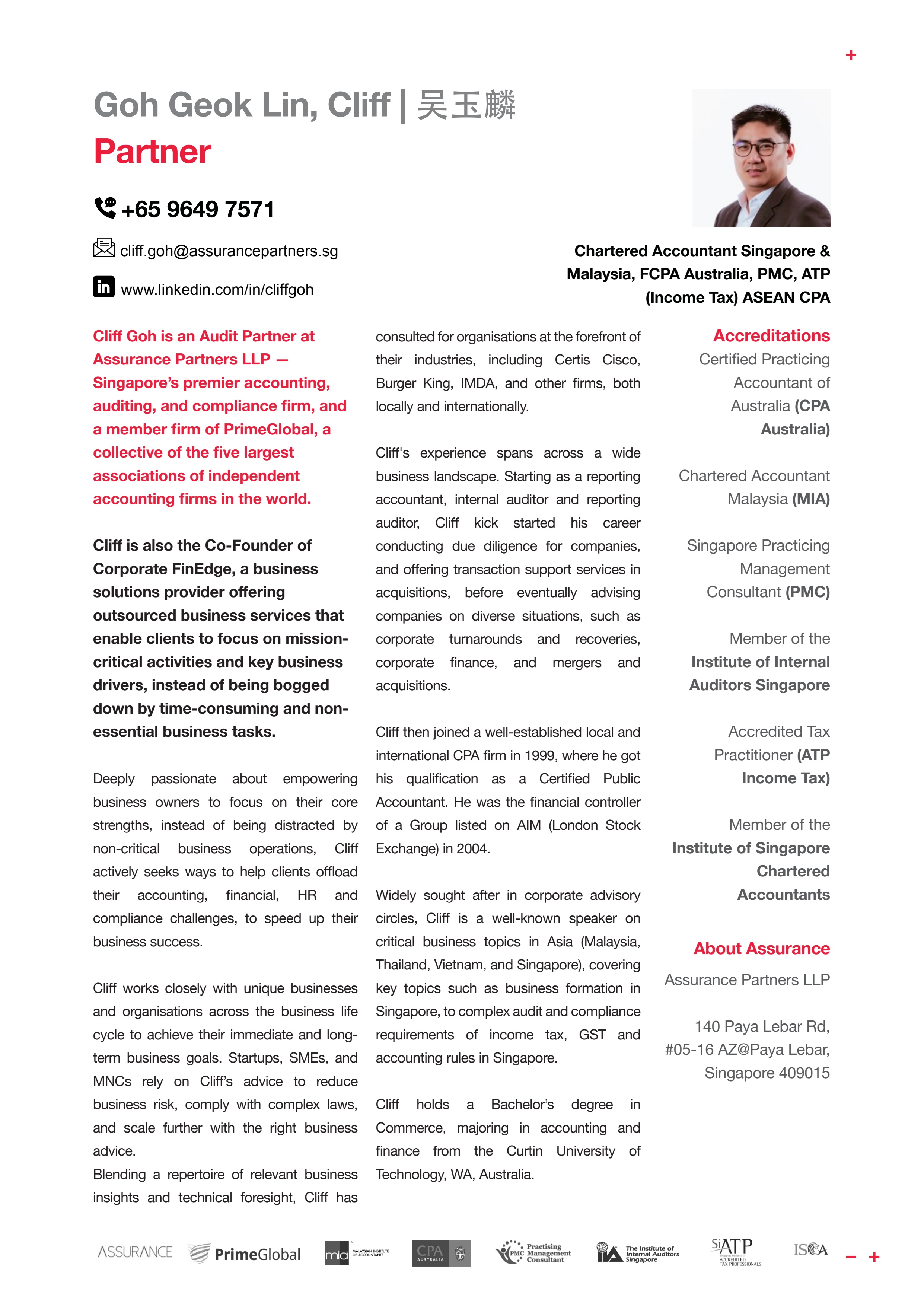 Cliff Goh partner profile collateral for Assurance Partners