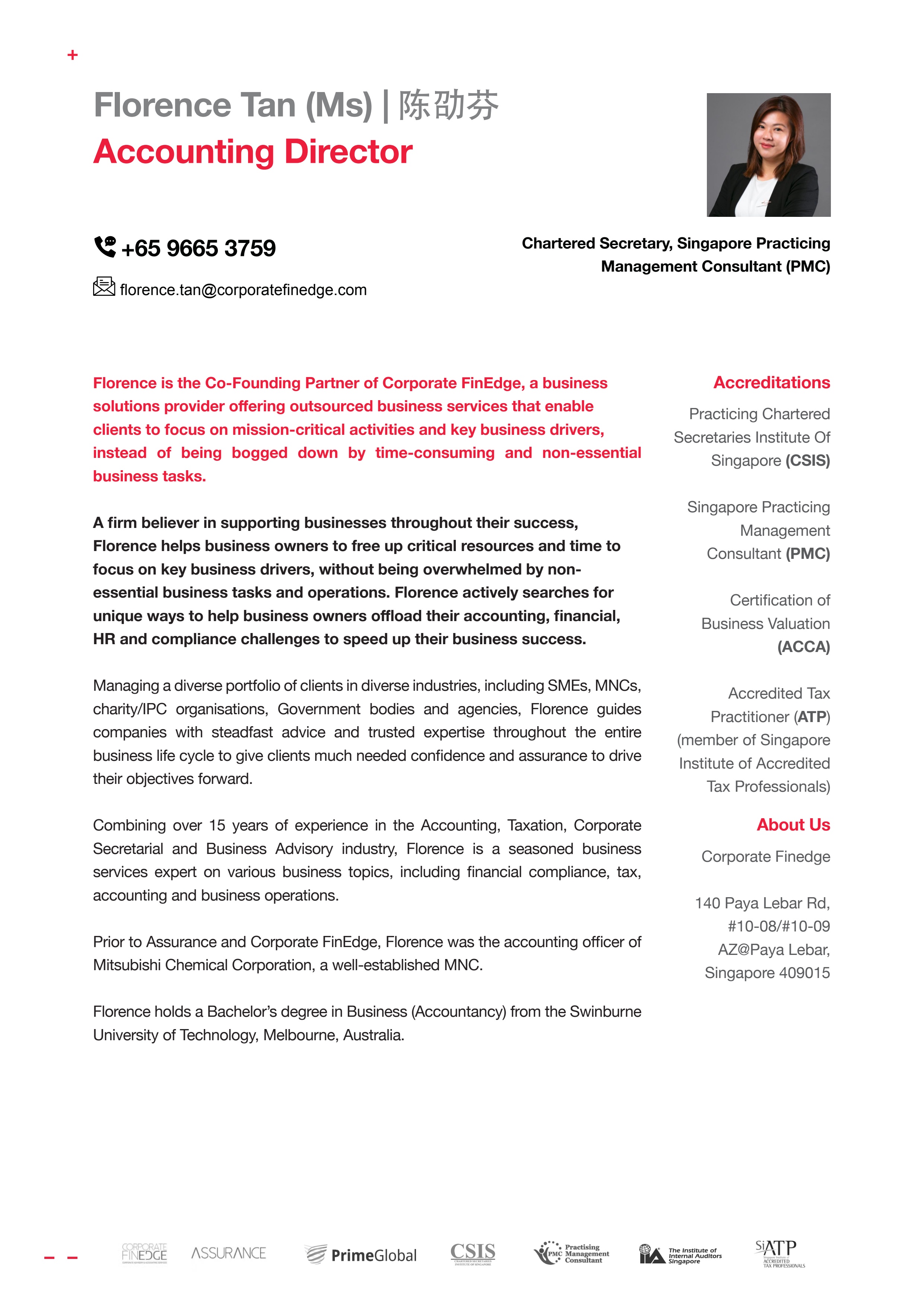 Florence Tan accounting director profile collateral for Assurance Partners
