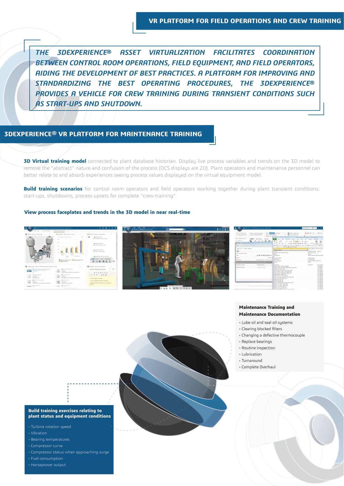 VR learning brochure page showing field operations, crew training, and maintenance simulation examples