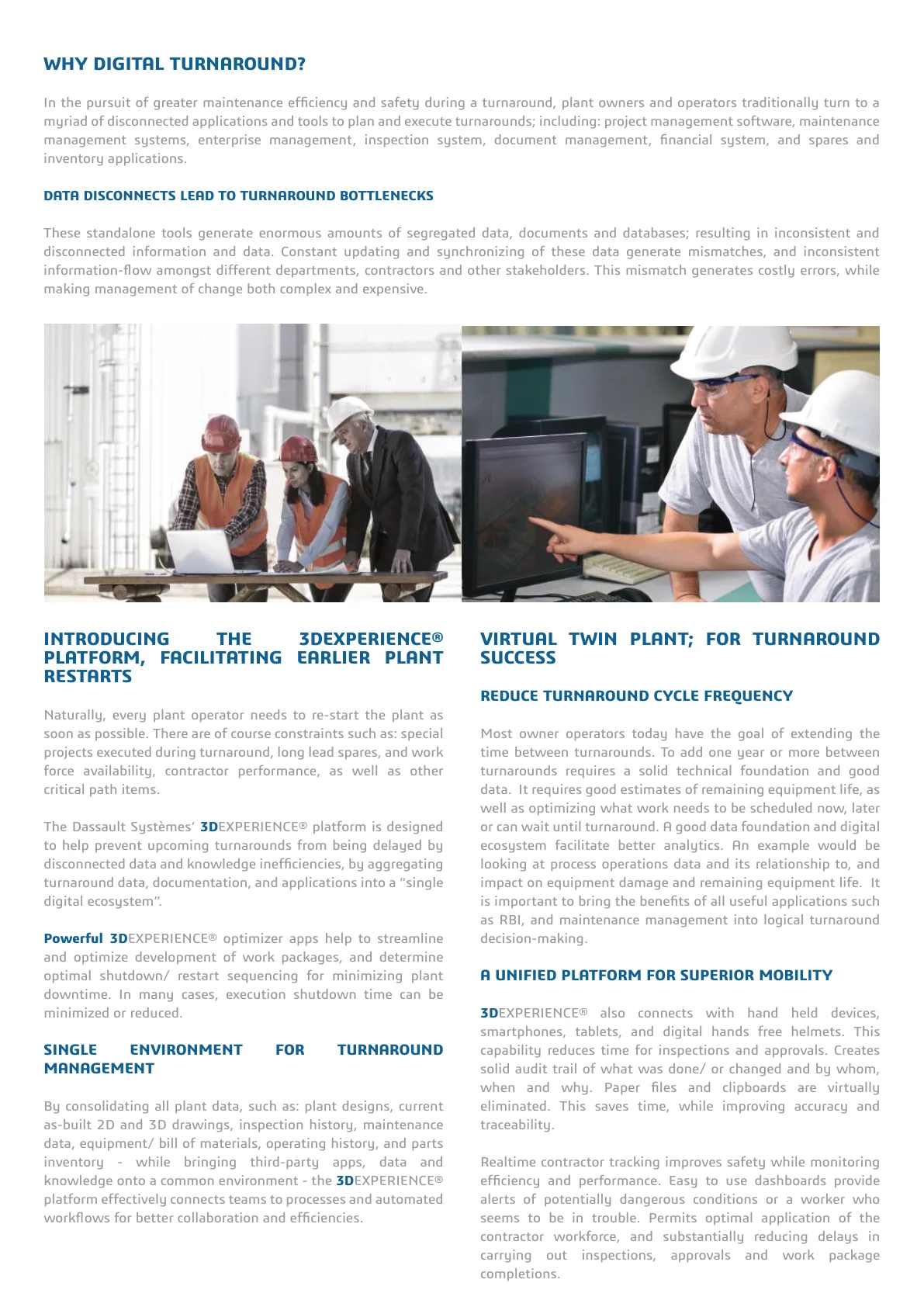 Digital turnaround brochure page explaining data disconnects and virtual twin planning