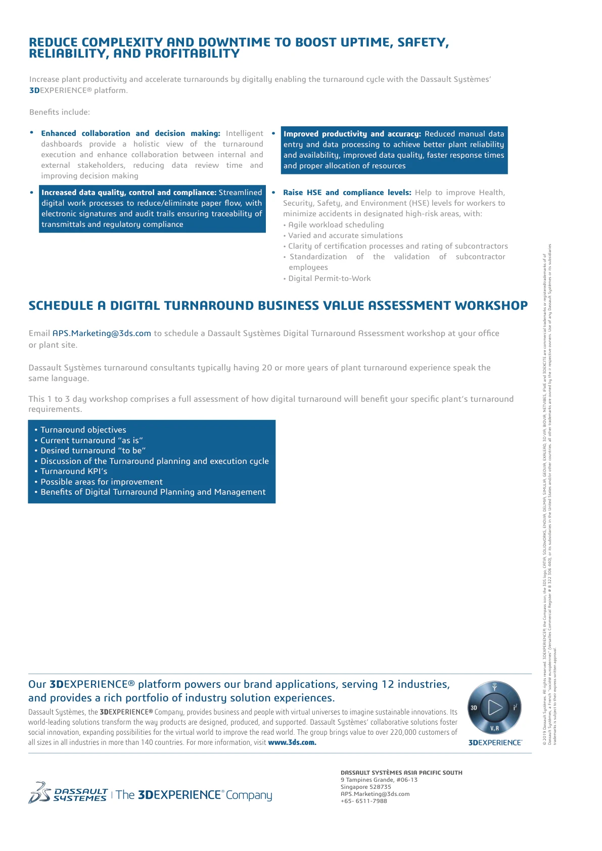 Digital turnaround brochure page listing productivity, compliance, and HSE outcomes