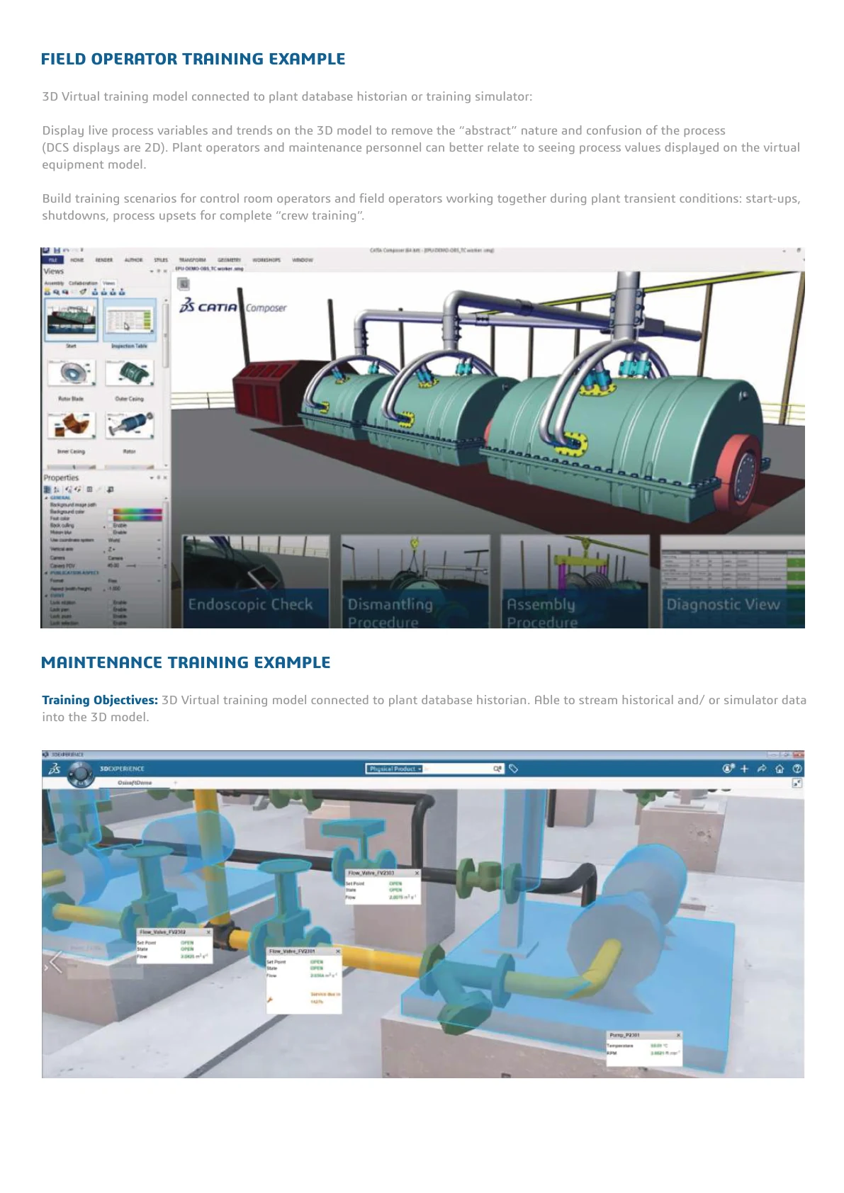 Immersive learning brochure page showing field operator and maintenance training examples