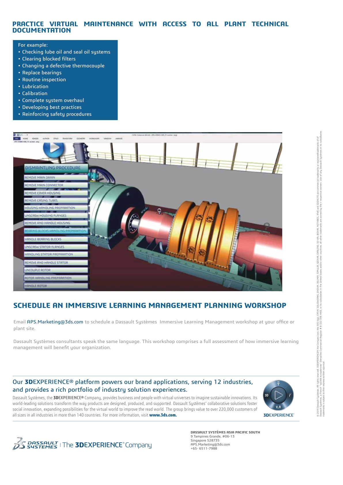 Immersive learning brochure page showing virtual maintenance procedures and workshop call to action