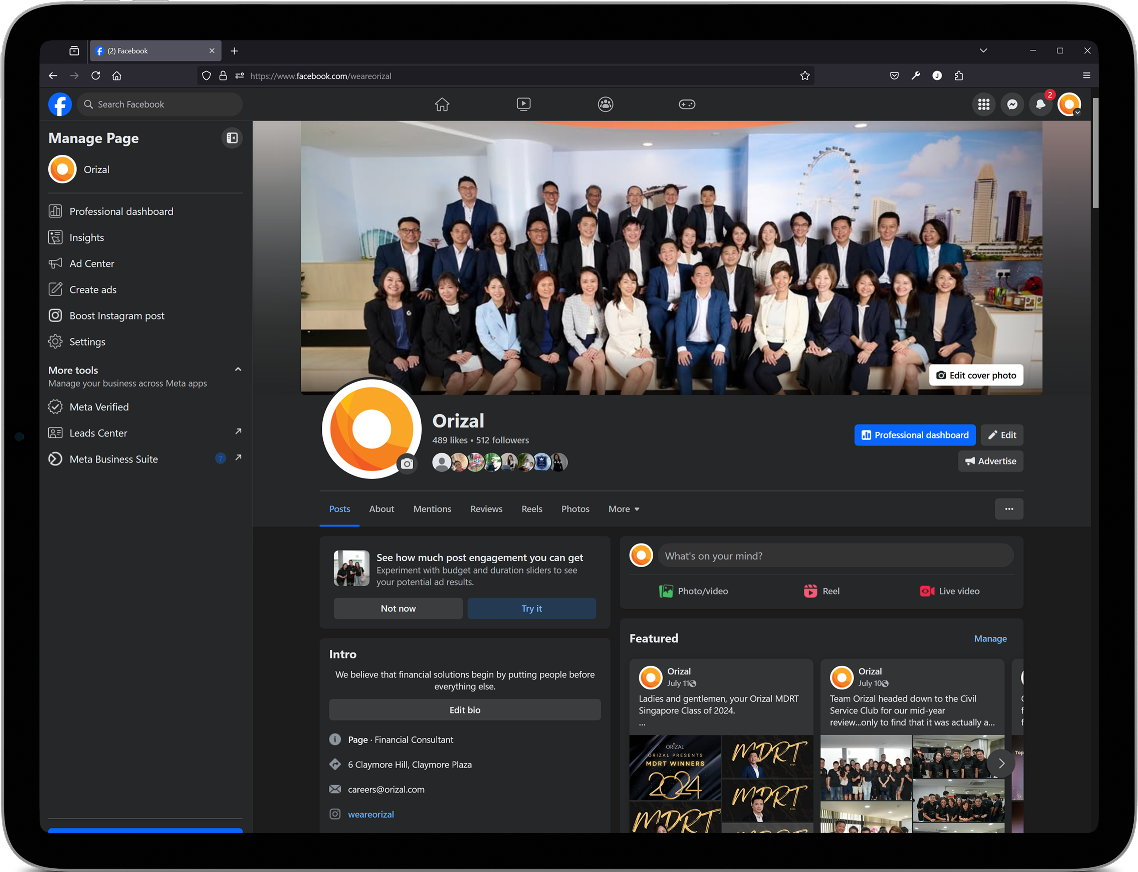 Orizal Facebook company profile showing its people-first introduction and social content