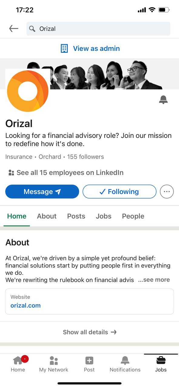 Orizal LinkedIn company profile with its recruitment message and company description