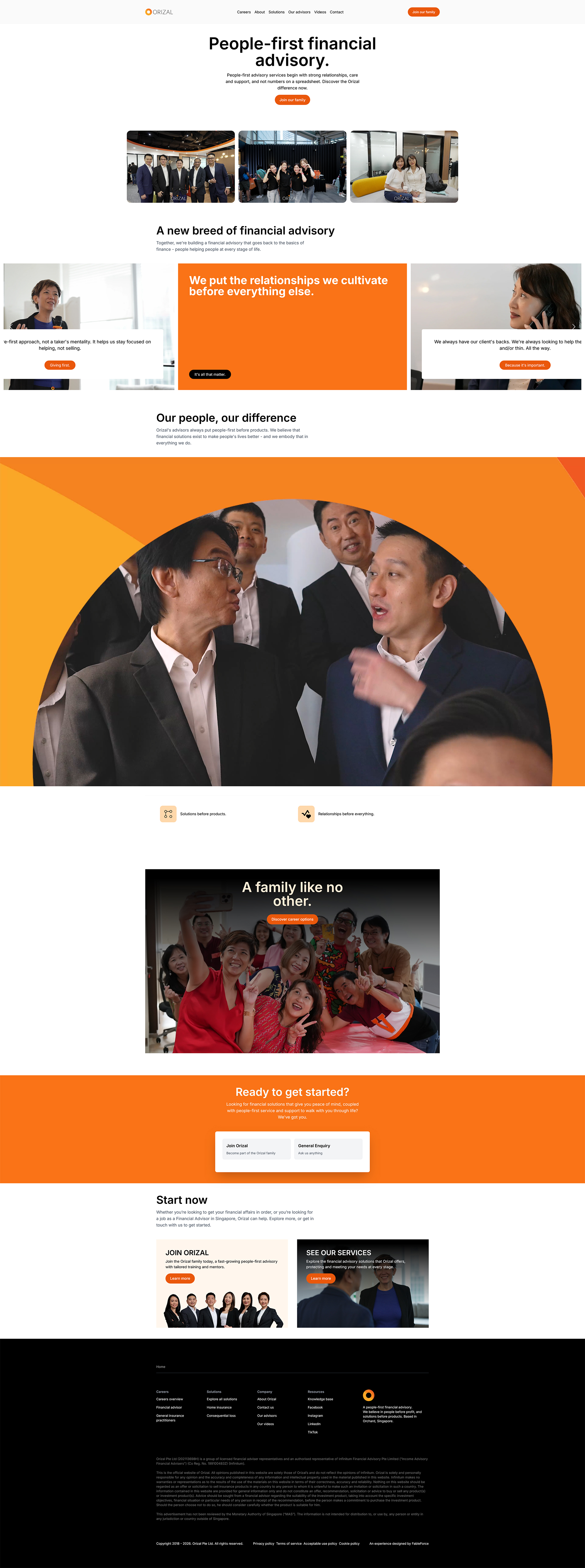 Orizal homepage introducing people-first financial advisory through team photography and relationship-focused messaging