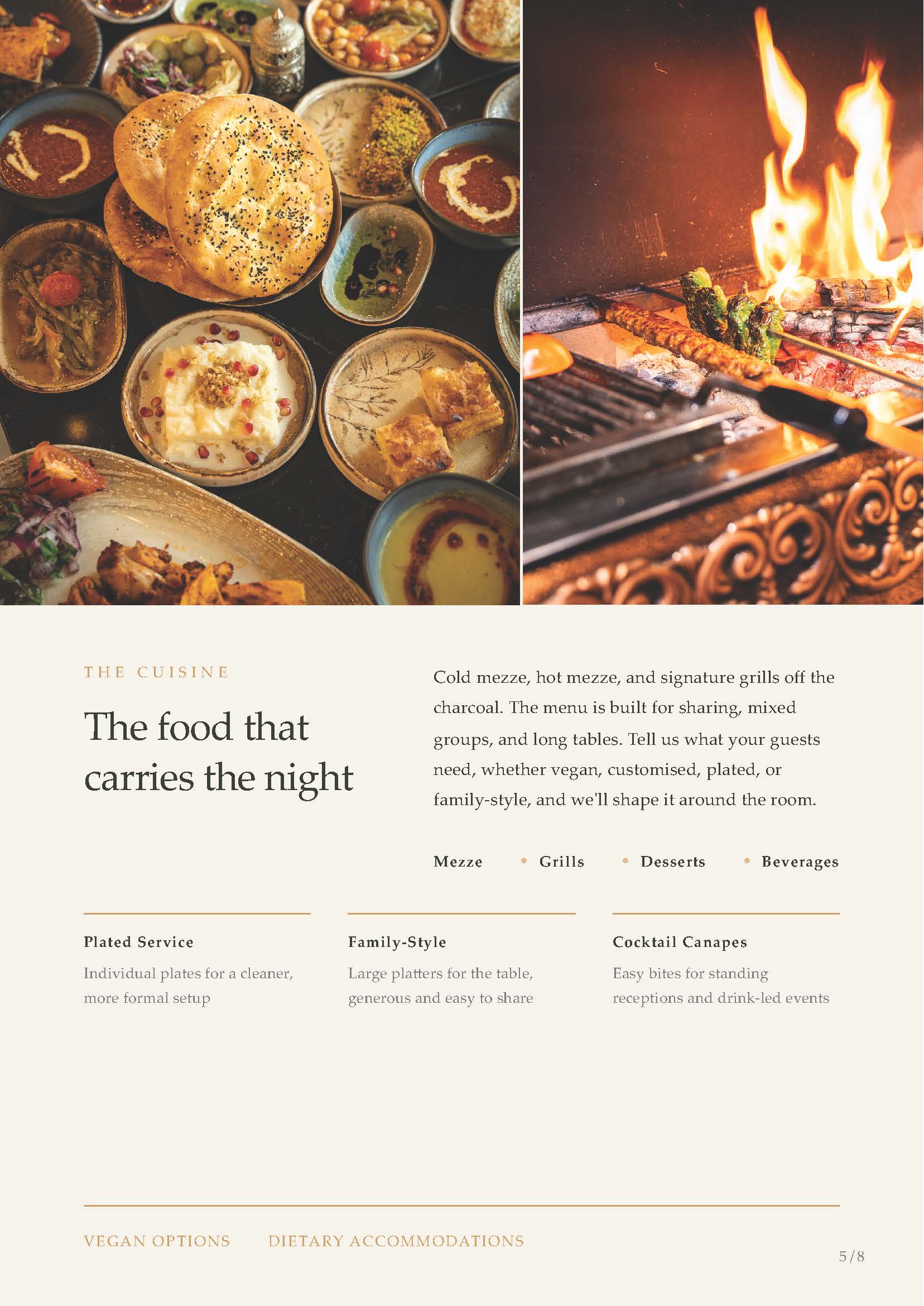 Pera corporate brochure explaining cuisine and service options for events