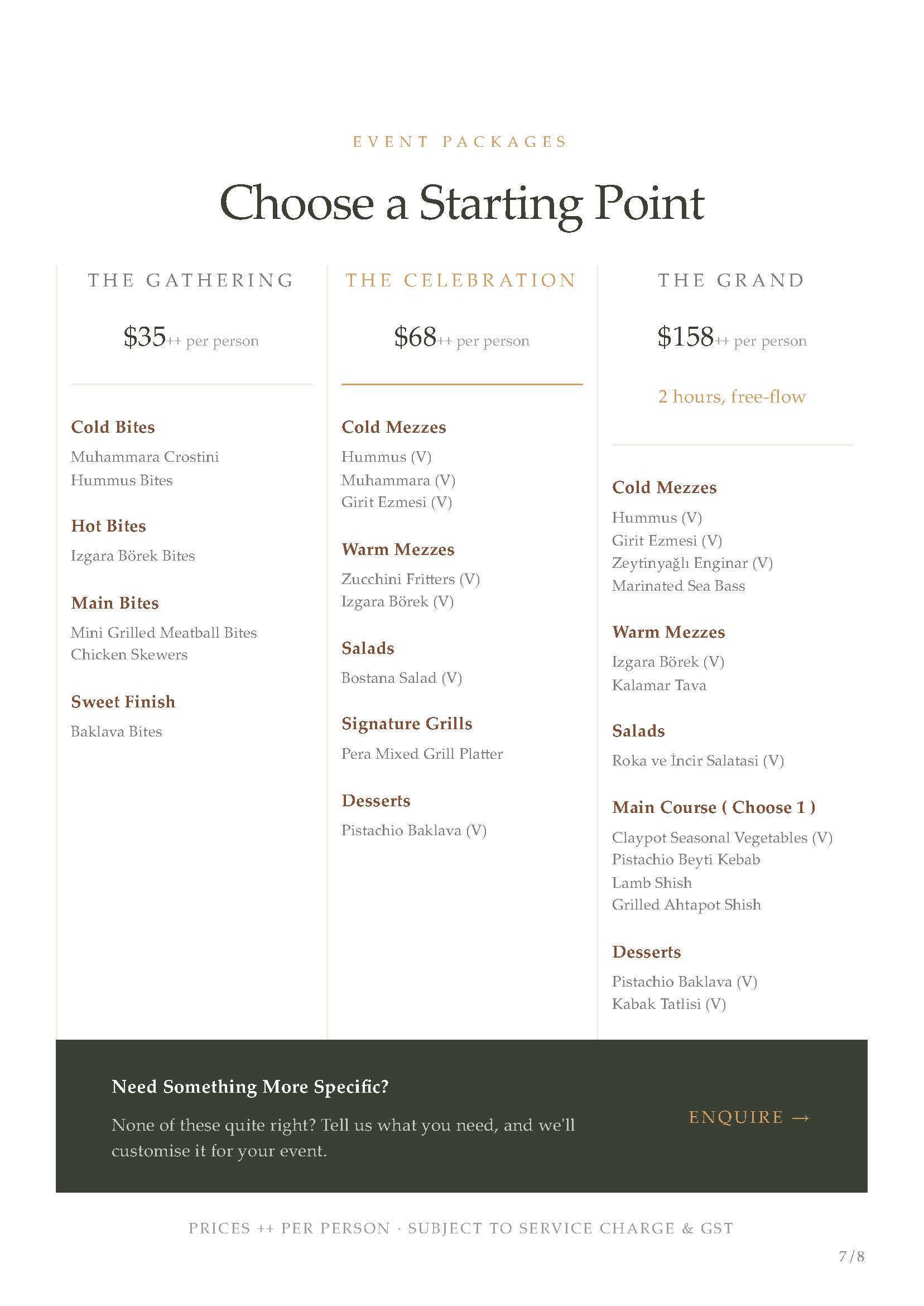 Pera corporate brochure presenting three event package starting points