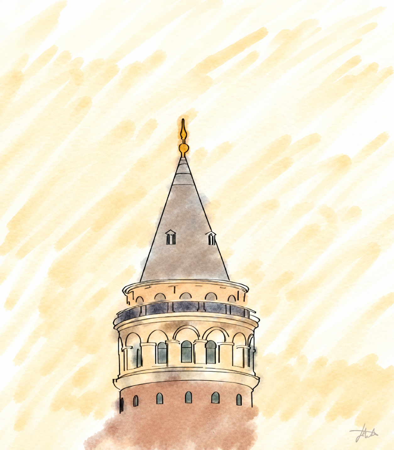 Initial watercolour sketch of Galata Tower against a pale yellow background