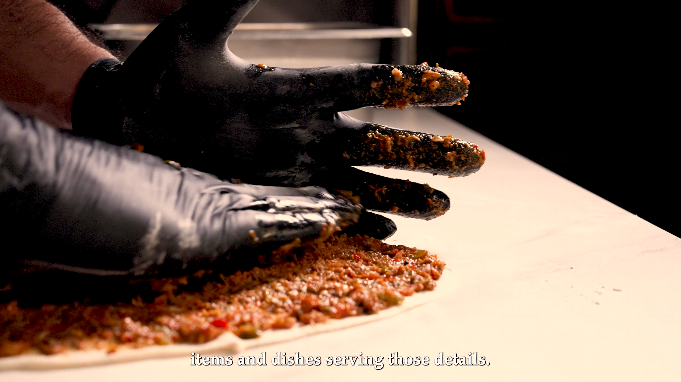 Pera kitchen team preparing lahmacun dough for the Welcome Home film