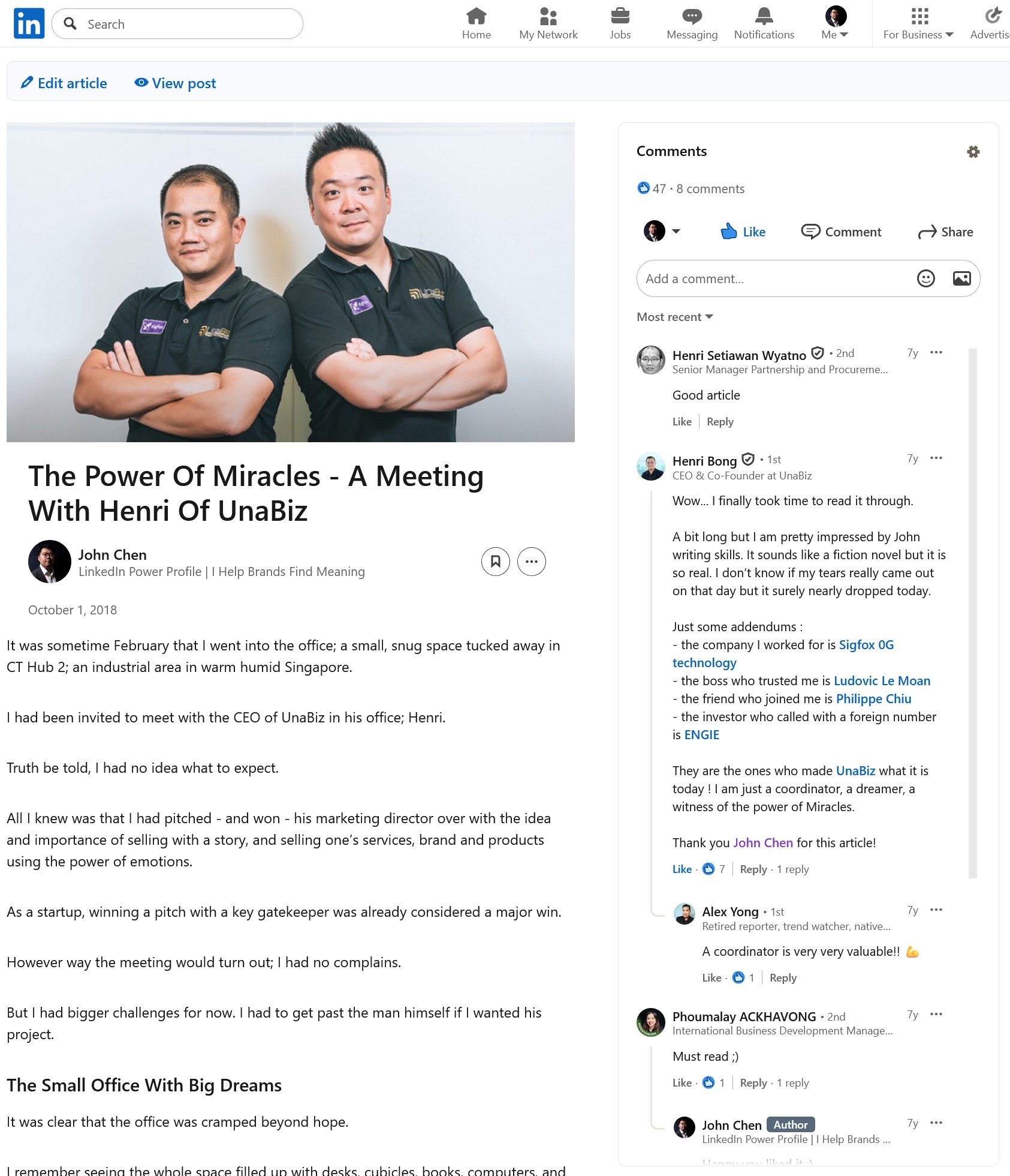 LinkedIn article writeup for UnaBiz with reader comments